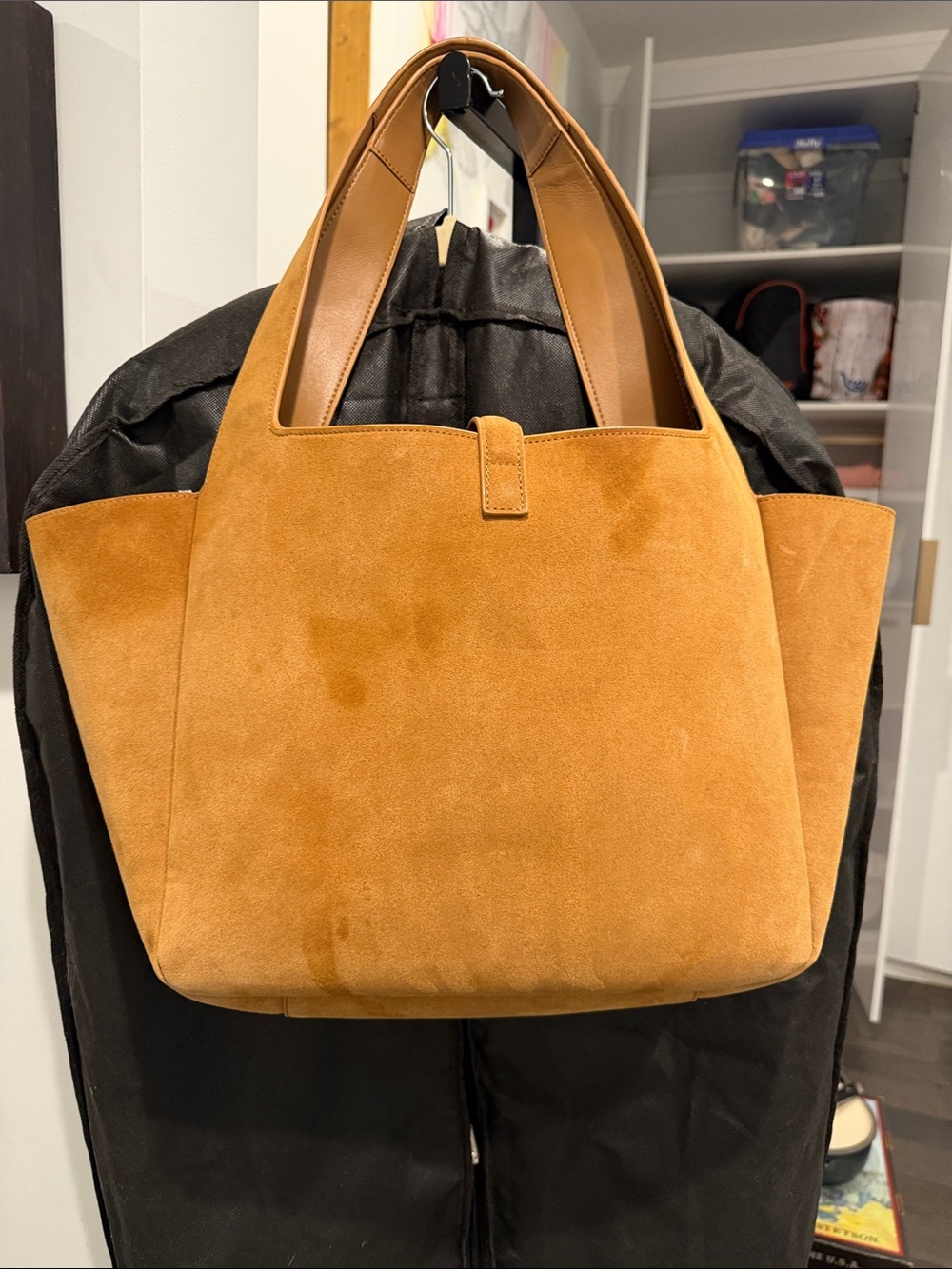 Suede Tote Bag in Tan with Leather Handles